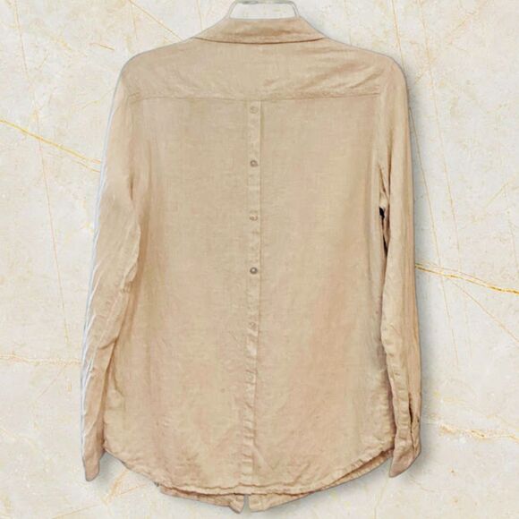 Sigrid Olsen Women's Linen Roll-tab Sleeve Button-up Shirt Top in Beige Medium - Picture 2 of 8